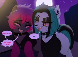 Size: 3392x2492 | Tagged: safe, artist:dibujito, derpibooru import, oc, oc:dib, oc:tupu, pony, choker, drugs, ear piercing, laughing, looking at each other, looking at someone, marijuana, moon, night, piercing, spiked choker