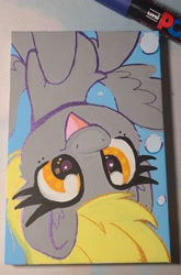 Size: 1622x2459 | Tagged: safe, artist:lbrcloud, derpibooru import, derpy hooves, pegasus, pony, bubble, bust, cute, derpabetes, portrait, smiling, spread wings, traditional art, upside down, wings