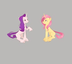 Size: 1429x1256 | Tagged: safe, artist:pascal571, derpibooru import, fluttershy, rarity, pony, unicorn, concave belly, duo, female, gray background, looking at each other, looking at someone, mare, missing cutie mark, race swap, simple background, sitting, slim, unicorn fluttershy