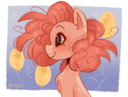 Size: 1433x1081 | Tagged: safe, artist:ghostly-tart, derpibooru import, pinkie pie, earth pony, pony, balloon, bust, chest fluff, side view, smiling, solo