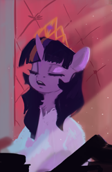 Size: 1500x2312 | Tagged: safe, artist:hierozaki, derpibooru import, twilight sparkle, twilight sparkle (alicorn), alicorn, pony, clothes, coat, crepuscular rays, eyes closed, female, mare, new crown, open mouth, solo, throne