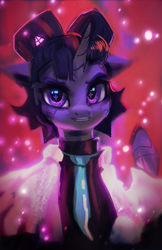 Size: 1500x2312 | Tagged: safe, artist:hierozaki, derpibooru import, twilight sparkle, twilight sparkle (alicorn), alicorn, cyborg, pony, abstract background, alternate hairstyle, cyborg pony, ears, female, floppy ears, grin, looking at you, mare, necktie, smiling, smiling at you, solo, starry eyes, wingding eyes