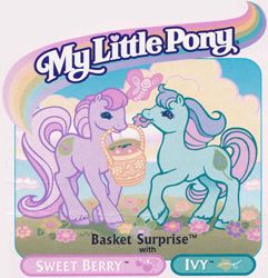 Size: 521x541 | Tagged: safe, derpibooru import, ivy, sweet berry, butterfly, earth pony, pony, g2, backcard, basket, basket surprise, diaberry, duo, duo female, female, flower, flower field, grass, grass field, ivybetes, mare, my little pony logo, official, outdoors, text
