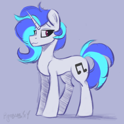 Size: 2048x2048 | Tagged: safe, artist:pegasusyay, derpibooru import, dj pon-3, vinyl scratch, pony, unicorn, alternate hairstyle, colored sketch, lavender background, looking at you, looking back, simple background, sketch, smiling, solo, standing