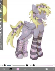 Size: 1092x1416 | Tagged: safe, artist:girl-bug 925, derpibooru import, derpy hooves, pegasus, pony, :d, boots, clothes, converse, coontails, golden eyes, open mouth, open smile, shoes, simple background, smiling, socks, solo, standing, striped socks, thigh boots, white background, wip