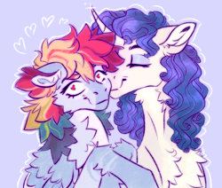 Size: 3300x2800 | Tagged: safe, artist:eeelt, derpibooru import, rainbow dash, rarity, pegasus, pony, unicorn, blue background, eyes closed, female, fluffy, heart, heart eyes, high res, kiss on the cheek, kissing, lesbian, mare, raridash, shipping, simple background, smiling, wingding eyes