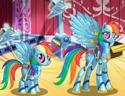 Size: 564x436 | Tagged: safe, derpibooru import, rainbow dash, pony, robot, robot pony, concave belly, cropped, duality, female, gameloft, height difference, long legs, my little pony: magic princess, physique difference, rainbot dash, roboticization, slim, spread wings, standing, tall, thin, wings