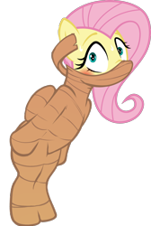 Size: 1500x2226 | Tagged: safe, derpibooru import, edit, editor:anonymous, fluttershy, pegasus, pony, /mlp/ latex requests, bandage, bipedal, blushing, bondage, bound wings, cloth gag, female, gag, mare, mummification, mummified, simple background, solo, sweat, sweatdrops, tied up, transparent background, wide eyes, wings