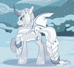 Size: 3288x3028 | Tagged: safe, artist:nika-rain, derpibooru import, oc, oc only, oc:gehenna, alicorn, original species, pony, braid, cute, female, gift art, show accurate, snow, solo, vector