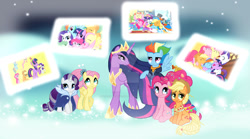 Size: 1024x570 | Tagged: safe, artist:velveagicsentryyt, derpibooru import, applejack, fluttershy, pinkie pie, princess twilight 2.0, rainbow dash, rarity, twilight sparkle, twilight sparkle (alicorn), alicorn, pony, the last problem, big crown thingy, deviantart watermark, element of magic, jewelry, mane six, obtrusive watermark, older, older twilight, regalia, watermark