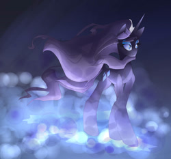 Size: 926x863 | Tagged: safe, artist:lollypopa, derpibooru import, nightmare rarity, pony, unicorn, g4, blue eyes, crown, digital art, eyelashes, eyeshadow, female, flowing mane, flowing tail, glowing, horn, jewelry, makeup, mare, mist, night, purple mane, purple tail, regalia, signature, solo, sparkles, tail, unamused, walking, water, windswept mane, windswept tail