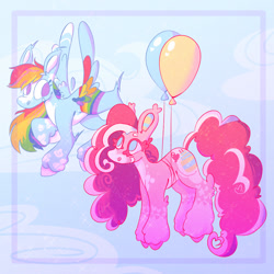 Size: 1000x1000 | Tagged: safe, artist:sugvr_alien, derpibooru import, pinkie pie, rainbow dash, earth pony, pegasus, pony, alternate design, balloon, floating, flying, redesign, then watch her balloons lift her up to the sky