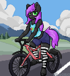 Size: 1280x1390 | Tagged: safe, artist:kilgorio, derpibooru import, oc, oc only, oc:lucy violetmane, anthro, earth pony, anthro oc, aseprite, bicycle, clothes, detailed background, earth pony oc, femboy, full body, green eyes, jeans, male, pants, pixel art, purple hair, short jeans, shorts, socks, solo, stallion, striped socks, thigh highs