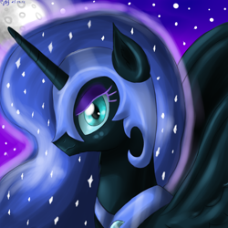 Size: 2000x2000 | Tagged: safe, artist:budgieflitter, derpibooru import, nightmare moon, alicorn, pony, g4, blue eyes, blue hair, blue mane, bust, colored pupils, cute, digital art, ethereal mane, eyeshadow, feather, female, helmet, high res, horn, looking at you, makeup, mare, moon, moonabetes, moonlight, night, peytral, portrait, signature, sky, smiling, smiling at you, solo, spread wings, starry mane, stars, wings