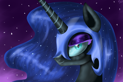 Size: 3000x2000 | Tagged: safe, artist:budgieflitter, derpibooru import, nightmare moon, alicorn, pony, g4, bedroom eyes, blue eyes, blue hair, blue mane, bust, colored pupils, cute, digital art, ethereal mane, eyelashes, eyeshadow, female, gradient background, helmet, high res, horn, lidded eyes, long horn, looking at you, makeup, mare, nicemare moon, night, portrait, purple background, signature, simple background, sky, smiling, smiling at you, solo, starry mane, stars