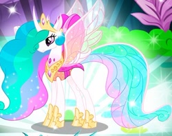 Size: 410x325 | Tagged: safe, derpibooru import, princess celestia, changedling, changeling, changedlingified, changelingified, cropped, female, gameloft, my little pony: magic princess, species swap