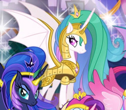 Size: 450x395 | Tagged: safe, derpibooru import, princess cadance, princess celestia, princess luna, alicorn, bat pony, bat pony alicorn, bat ponified, bat wings, chaos celestia, chaos luna, cropped, female, gameloft, horn, mare, my little pony: magic princess, race swap, wings