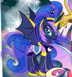 Size: 400x425 | Tagged: safe, derpibooru import, princess cadance, princess luna, alicorn, bat pony, bat pony alicorn, bat ponified, bat wings, chaos luna, cropped, female, gameloft, horn, mare, my little pony: magic princess, race swap, wings