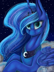 Size: 768x1024 | Tagged: safe, artist:3batterycrowel, derpibooru import, princess luna, alicorn, pony, g4, blue eyes, blue mane, cloud, crown, cute, digital art, ear fluff, ears, ethereal mane, feather, female, flowing mane, folded wings, horn, jewelry, long horn, looking at you, lying down, mare, night, peytral, regalia, signature, sky, smiling, smiling at you, solo, sparkles, starry mane, stars, sternocleidomastoid, wings