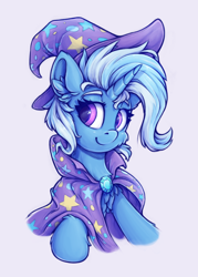 Size: 500x700 | Tagged: safe, artist:zeepheru_pone, derpibooru import, trixie, pony, unicorn, cape, chest fluff, clothes, cute, ear fluff, ears, female, hat, leg fluff, looking at you, mare, simple background, smiling, solo, trixie's cape, trixie's hat