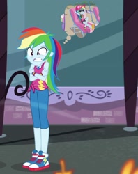 Size: 1982x2504 | Tagged: safe, derpibooru import, edit, edited screencap, screencap, rainbow dash, better together, equestria girls, lost and found, street chic, beach, cap, clothes, cold, converse, cute, dashabetes, freezing, hat, sandals, shivering, shoes, solo, sunglasses, swimsuit, thinking, thought bubble