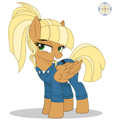 Size: 3500x3700 | Tagged: safe, artist:r4hucksake, derpibooru import, oc, oc only, oc:center punch, pegasus, pony, bedroom eyes, blushing, clothes, eyeshadow, female, folded wings, grin, high res, makeup, mare, overalls, pegasus oc, shadow, signature, simple background, smiling, solo, wings