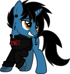 Size: 1093x1158 | Tagged: safe, artist:lightningbolt, derpibooru exclusive, derpibooru import, pony, unicorn, .svg available, clothes, ear piercing, frank iero, gauges, grin, hair over one eye, hoodie, horn, horn piercing, lidded eyes, lip piercing, long sleeves, looking up, male, my chemical romance, nose piercing, piercing, ponified, raised hoof, raised leg, shirt, show accurate, simple background, smiling, solo, species swap, stallion, svg, t-shirt, tattoo, transparent background, vector