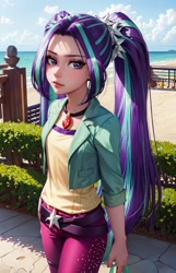 Size: 1152x1792 | Tagged: safe, ai content, derpibooru import, generator:stable diffusion, machine learning generated, aria blaze, human, beach, belt, clothes, cloud, day, expressionless face, fence, generator:ghostmix v20, generator:mlp ariablaze-10, hair ornament, hedge, humanized, jacket, jewelry, long hair, looking at you, multicolored hair, necklace, ocean, outdoors, pants, pigtails, prompter:marusame, purple eyes, shirt, sidewalk, solo, twintails, unamused, water