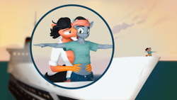 Size: 3840x2160 | Tagged: safe, artist:willitfit, derpibooru import, part of a set, surprise, oc, oc:benjamin terrance tover, oc:tristan sev, anthro, g1, 3d, benny and tristan's magical adventure, cruise ship, hands on waist, kissing, male, surprise kiss, titanic