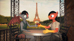 Size: 3840x2160 | Tagged: safe, artist:willitfit, derpibooru import, part of a set, oc, oc:benjamin terrance tover, oc:tristan sev, anthro, 3d, alcohol, benny and tristan's magical adventure, eiffel tower, glass, male, paris, toasting, wine, wine glass