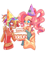 Size: 2333x3000 | Tagged: safe, artist:windywendy29, derpibooru import, pinkie pie, rainbow dash, human, alternate hairstyle, belly button, birthday, birthday cake, cake, choker, clothes, coat, dark skin, duo, female, food, fork, gift art, grin, hat, humanized, lesbian, midriff, open mouth, party hat, pinkiedash, shipping, shorts, simple background, smiling, sports shorts, tanktop, white background