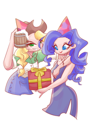 Size: 2333x3000 | Tagged: safe, artist:windywendy29, derpibooru import, applejack, rarity, human, alternate hairstyle, applejack's hat, belly button, birthday, birthday cake, birthday present, box, breasts, cake, cider, cider mug, clothes, cowboy hat, dress, duo, female, food, gift art, grin, hat, humanized, jewelry, lesbian, mug, necklace, party hat, present, rarijack, shipping, shirt, sideboob, simple background, skirt, smiling, white background