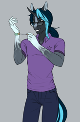 Size: 552x839 | Tagged: safe, artist:askbubblelee, derpibooru import, oc, oc only, oc:garrett flint, anthro, unguligrade anthro, unicorn, anthro oc, clothes, digital art, gadget, horn, male, pants, shirt, simple background, smiling, solo, stallion, unicorn oc