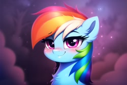 Size: 3072x2048 | Tagged: safe, ai content, derpibooru import, generator:novelai, generator:stable diffusion, machine learning generated, rainbow dash, pegasus, pony, abstract background, blushing, bust, cute, female, lidded eyes, looking at you, mare, portrait, prompter:endless--, smiling, smiling at you, solo