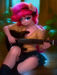 Size: 1104x1448 | Tagged: safe, ai content, derpibooru import, editor:craft, generator:purplesmart.ai, generator:stable diffusion, machine learning generated, pinkie pie, anthro, earth pony, clothes, cute, diapinkes, electric guitar, female, guitar, looking at you, mare, musical instrument, shirt, sitting, skirt, socks, solo, t-shirt