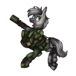 Size: 2300x2300 | Tagged: safe, artist:molars, derpibooru import, oc, oc only, zebra, fallout equestria, amputee, armor, ashes town, dynamic pose, female, full body, gun, mare, minigun, open mouth, prosthetic limb, prosthetics, shading, simple background, smiling, solo, transparent background, weapon