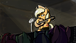 Size: 1920x1080 | Tagged: safe, artist:zodiacx10, ponerpics import, applejack, earth pony, pony, applejack's hat, clothes, guitar, hat, microphone, musical instrument, spotlight, stage