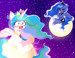 Size: 3000x2300 | Tagged: safe, artist:arwencuack, derpibooru import, princess celestia, princess luna, alicorn, pony, background, commission, cute, cute little fangs, fangs, laughing, literal butthurt, meme, moon, pain, royal sisters, siblings, sisters, sun, tangible heavenly object