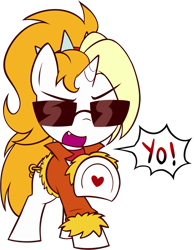 Size: 1821x2351 | Tagged: safe, artist:pestil, ponerpics import, oc, oc:dyx, pony, unicorn, clothes, dialogue box, female, filly, foal, jacket, open mouth, simple background, sunglasses, transparent background, vector