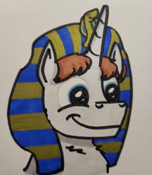 Size: 1773x2048 | Tagged: safe, artist:hoofclid, derpibooru import, oc, oc only, oc:hoofclid, pony, unicorn, bust, male, pharaoh, smiling, solo, stallion, traditional art