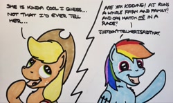 Size: 2048x1223 | Tagged: safe, artist:hoofclid, derpibooru import, applejack, rainbow dash, earth pony, pegasus, pony, appledash, description is relevant, dialogue, female, lesbian, mare, shipping, smiling, talking to viewer, traditional art