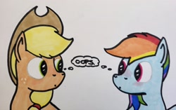 Size: 2048x1289 | Tagged: safe, artist:hoofclid, derpibooru import, applejack, rainbow dash, earth pony, pegasus, pony, appledash, blushing, embarrassed, female, lesbian, looking at each other, looking at someone, mare, shipping, thought bubble, traditional art