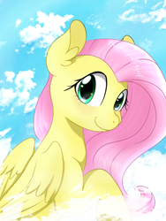 Size: 1080x1440 | Tagged: safe, artist:twiliset, derpibooru import, fluttershy, pegasus, pony, beautiful, cloud, cute, happy, looking at you, looking back, looking back at you, on a cloud, red face, shyabetes, sitting, sitting on cloud, sky, smiling, smiling at you, solo
