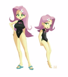 Size: 2531x2827 | Tagged: safe, artist:jagabee_salt, derpibooru import, fluttershy, human, equestria girls, barefoot, big breasts, breasts, clothes, feet, fluttershy's one-piece swimsuit, hand on hip, hootershy, looking at you, one-piece swimsuit, sandals, self paradox, simple background, smiling, smiling at you, swimsuit, white background, younger