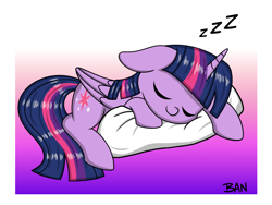 Size: 1720x1295 | Tagged: safe, artist:banquo0, derpibooru import, twilight sparkle, twilight sparkle (alicorn), alicorn, pony, eyes closed, folded wings, gradient background, lying down, onomatopoeia, pillow, sleeping, solo, sound effects, wings, zzz