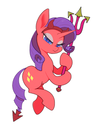 Size: 1585x2118 | Tagged: safe, artist:noupu, derpibooru import, rarity, pony, unicorn, colored pupils, devil horns, female, hoof hold, horns, looking at you, mare, narrowed eyes, pitchfork, simple background, solo, transparent background