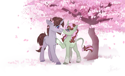 Size: 4000x2434 | Tagged: safe, artist:helmie-art, derpibooru import, oc, oc:crafty code, oc:grasshopper pie, pony, unicorn, coat markings, duo, female, height difference, hoof on chest, hooves, looking at each other, looking at someone, male, mare, nose to nose, outdoors, socks (coat marking), stallion, sternocleidomastoid, unshorn fetlocks