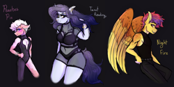 Size: 4000x2000 | Tagged: safe, artist:periwinklechick, derpibooru import, oc, oc only, oc:night fire, oc:peaches à la mode, oc:tarot reading, anthro, earth pony, pegasus, unicorn, belly button, black background, breasts, cleavage, clothes, female, femboy, high res, looking at you, magical lesbian spawn, male, mare, offspring, parent:cheese sandwich, parent:inky rose, parent:lily lace, parent:moondancer, parent:pinkie pie, parent:spitfire, parents:cheesepie, parents:inky lace, simple background, stallion, trio