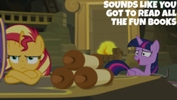 Size: 1920x1080 | Tagged: safe, derpibooru import, edit, edited screencap, editor:quoterific, screencap, sunset shimmer, twilight sparkle, twilight sparkle (alicorn), alicorn, better together, equestria girls, forgotten friendship, fire, fireplace, library, scroll