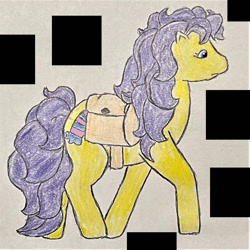 Size: 1083x1083 | Tagged: safe, artist:peacepetal, derpibooru import, bon bon (g1), earth pony, pony, g1, my little pony tales, bag, cute, female, g1 adorabon, mare, messy mane, messy tail, pixel art, pixelated, r/place, r/place2023, reddit, saddle bag, show accurate, simple background, solo, tail, traditional art